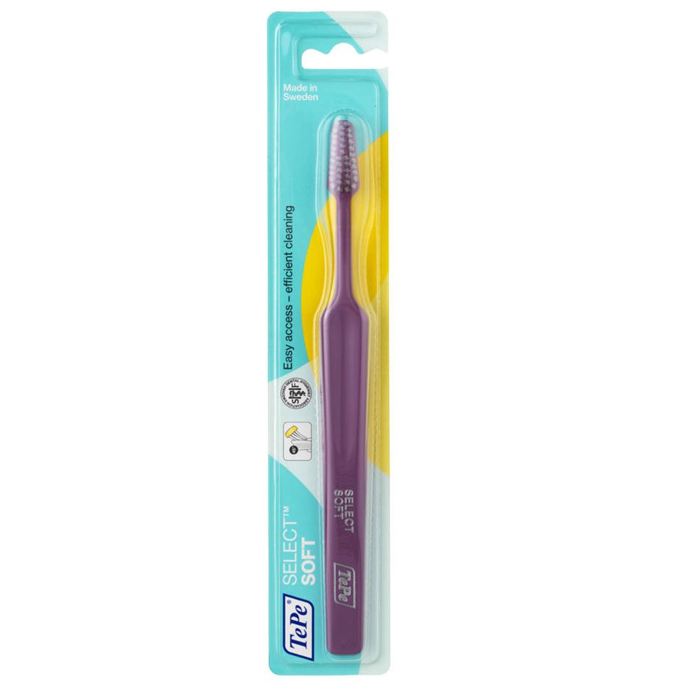 Zahnbürste TePe Select Soft, lila Griff, weiche Borsten, in Blisterverpackung.