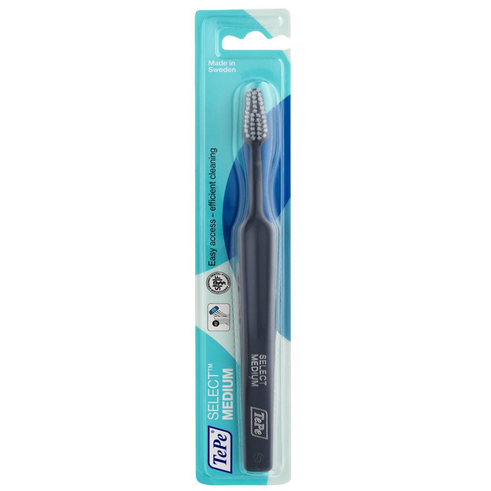 Zahnbürste TePe SELECT Medium, dunkelblauer Griff, blaue Verpackung. Sichtbare Borsten. Text: Easy access - efficient cleaning.