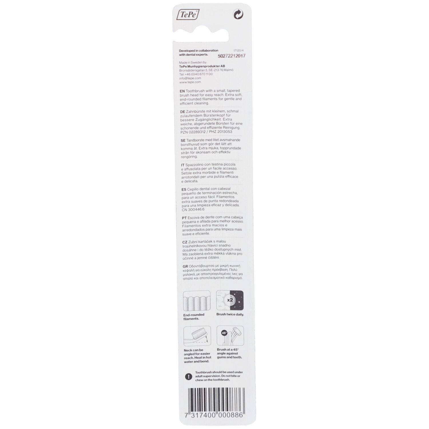 Rückseite der Blisterverpackung. Text in mehreren Sprachen. Illustrationen zur Verwendung. Barcode und Herstellerinformationen.