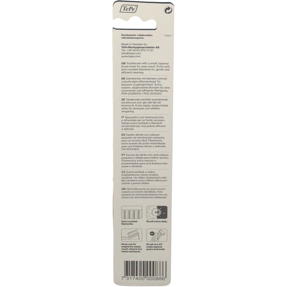 Rückseite der Blisterverpackung. Text in mehreren Sprachen. Illustrationen zur Verwendung. Barcode und Herstellerinformationen.