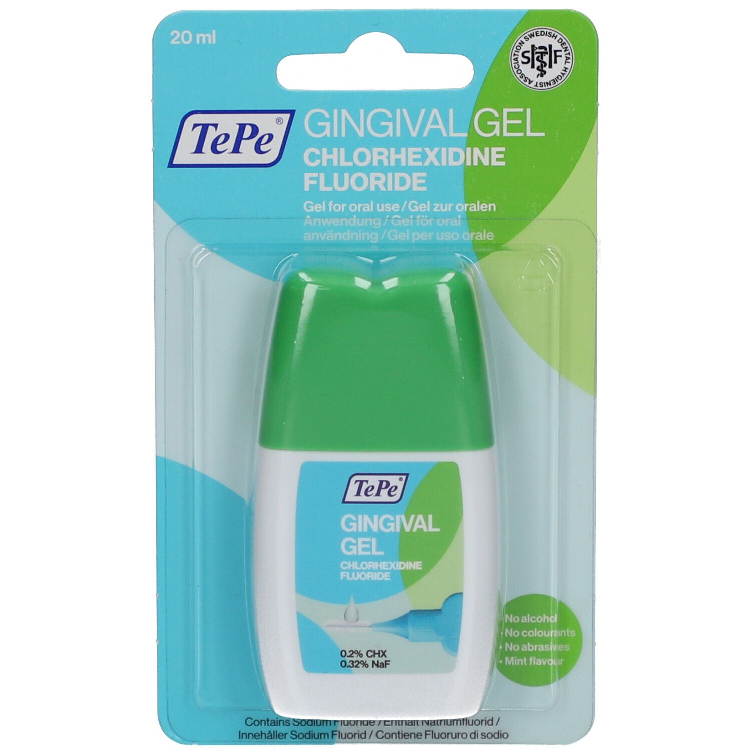 TePe Gingival Gel in Blisterverpackung. Weiße Flasche mit grünem Deckel. Enthält Chlorhexidin und Fluorid. Aufschrift: Gingival Gel.