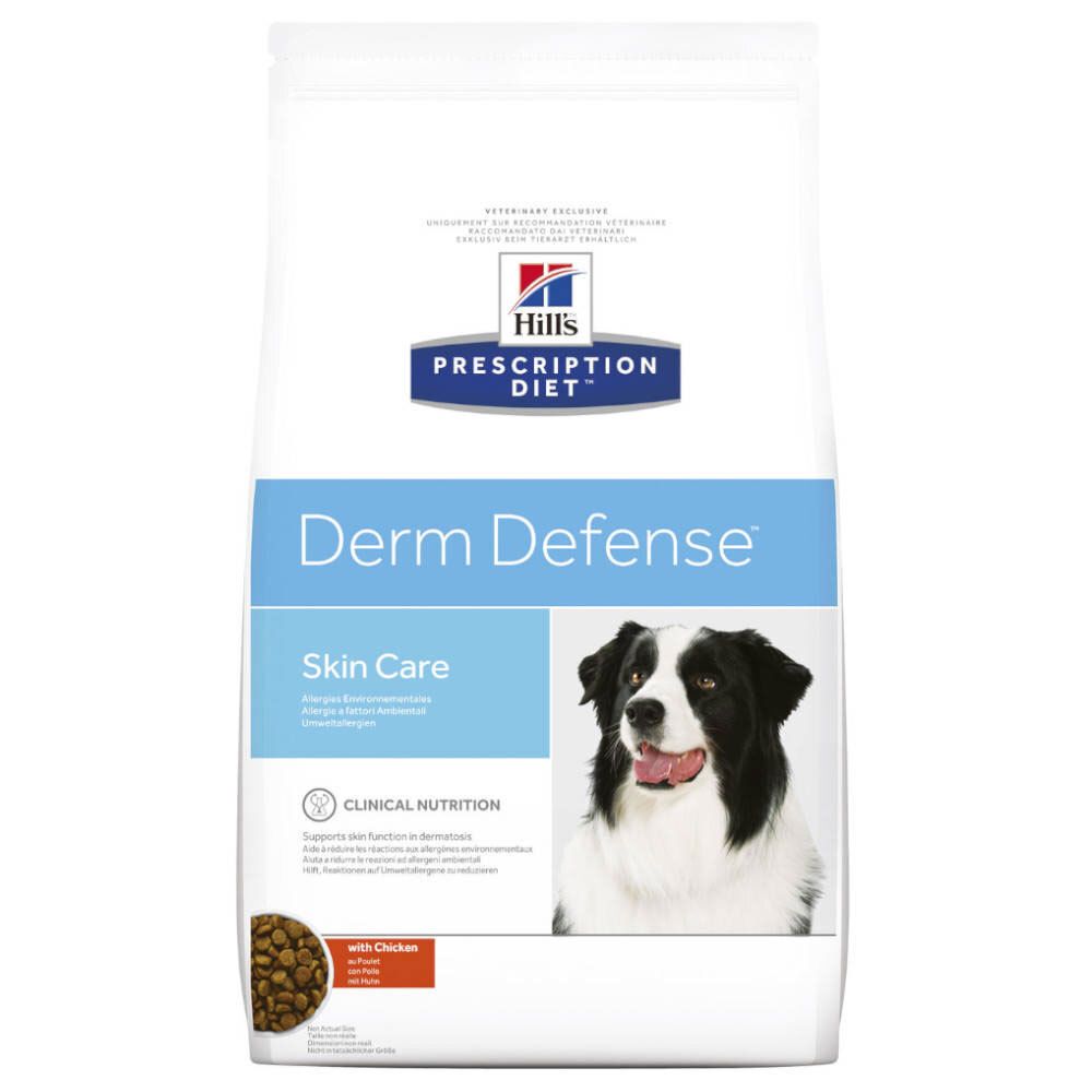 Hills Prescription Diet Derm Defense. Hundefutter für Hautpflege. Abbildung eines Hundes. Mit Huhn. Klinische Ernährung.