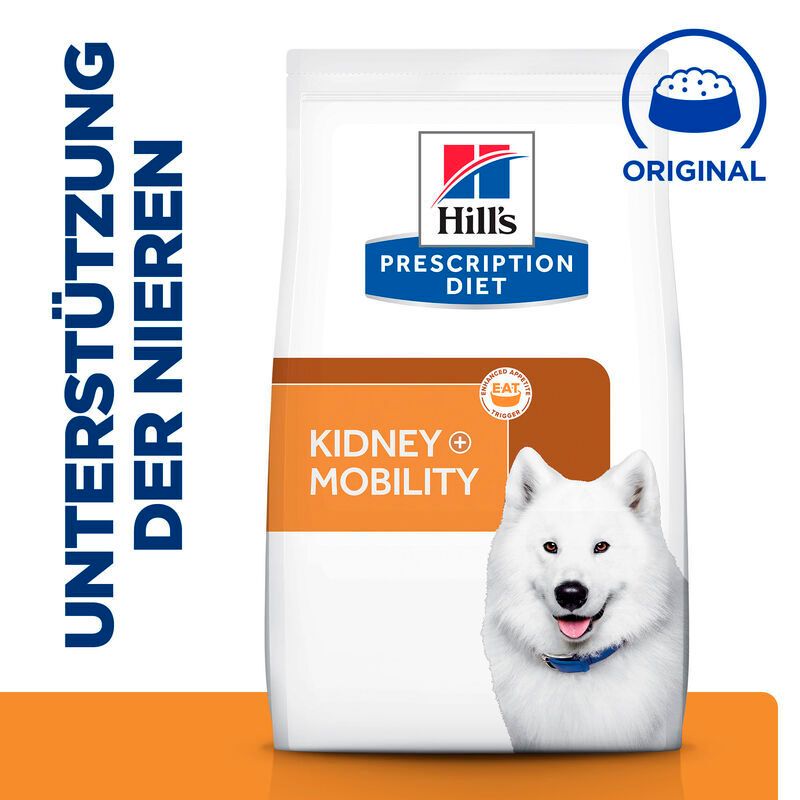 Hundefutterbeutel mit Text: Unterstützung der Nieren. Enthält Logo und Text: Kidney+Mobility. Mit einem Hund.