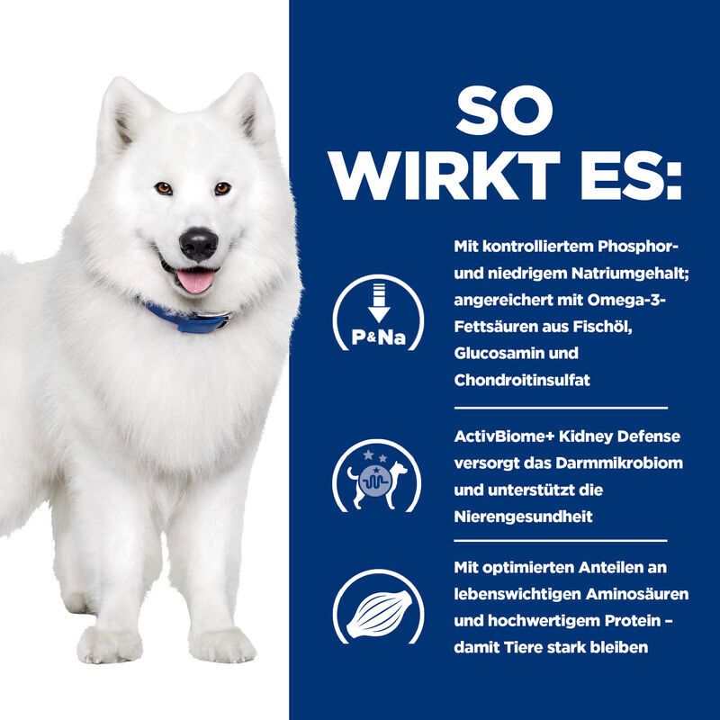 Infografik mit Text: So wirkt es. Enthält Icons und Text über die Inhaltsstoffe und Vorteile des Hundefutters.