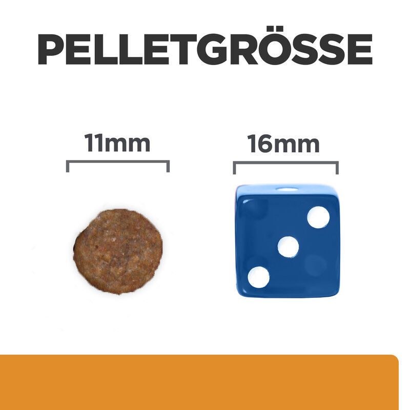 Vergleich der Pelletgrößen. Links: 11mm Pellet. Rechts: 16mm Würfel.