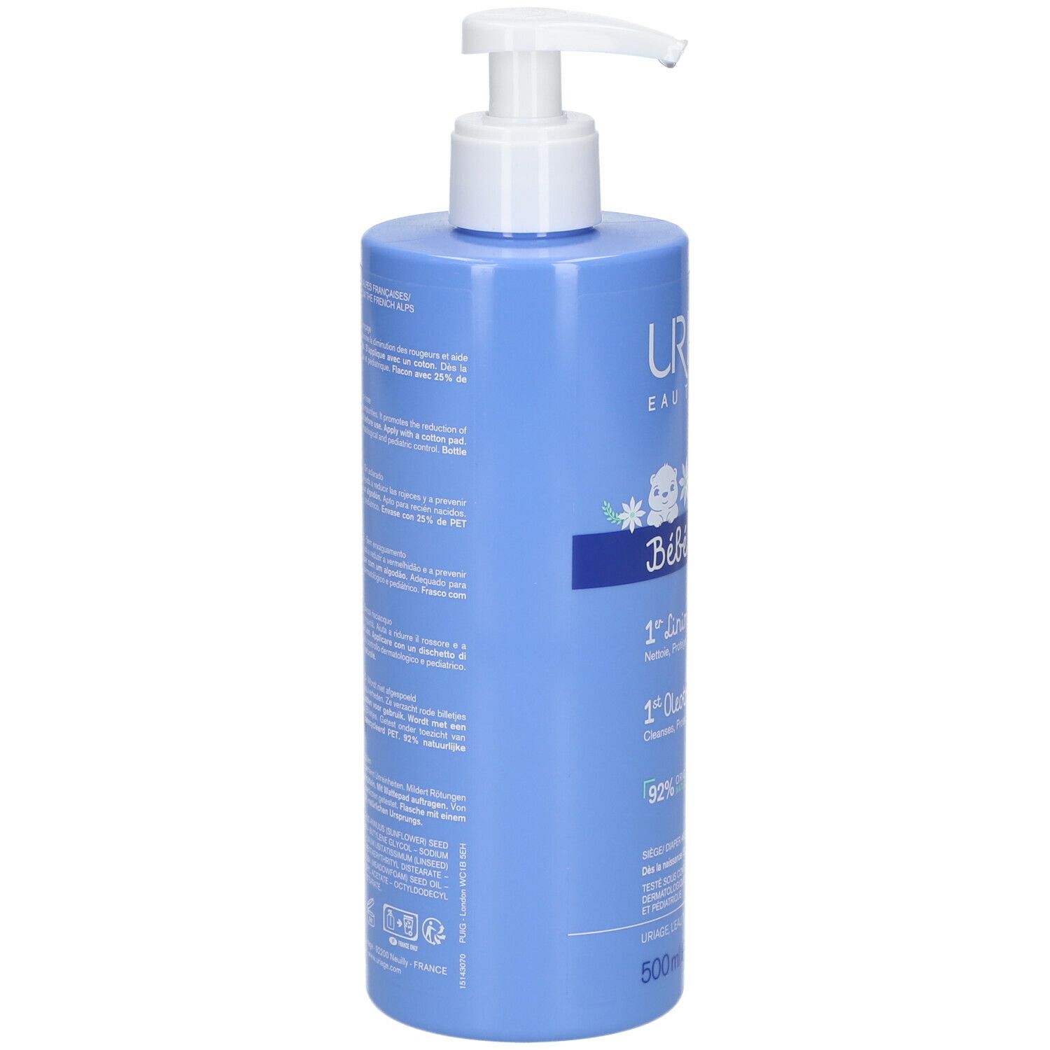 Hellblaue Flasche mit weißem Pumpkopf. Rückseite mit Text. Aufschrift: Uriage, Bébé, 1er Liniment oléothermal, 500ml.