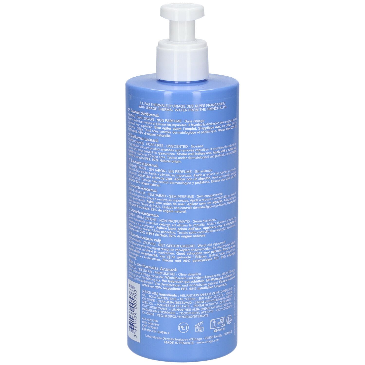 Rückseite einer hellblauen Flasche mit weißem Pumpkopf. Text in mehreren Sprachen. Aufschrift: Uriage, 500ml.