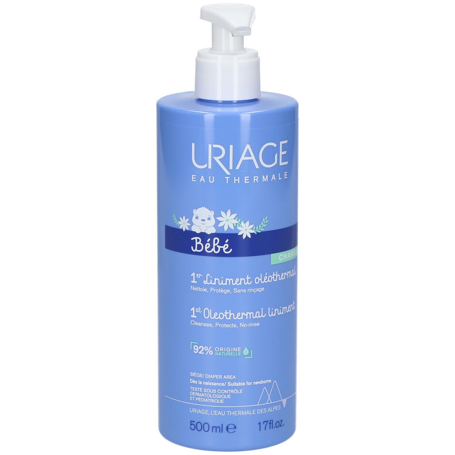 Hellblaue Flasche mit weißem Pumpkopf. Aufschrift: Uriage, Bébé, 1er Liniment oléothermal, 500ml.