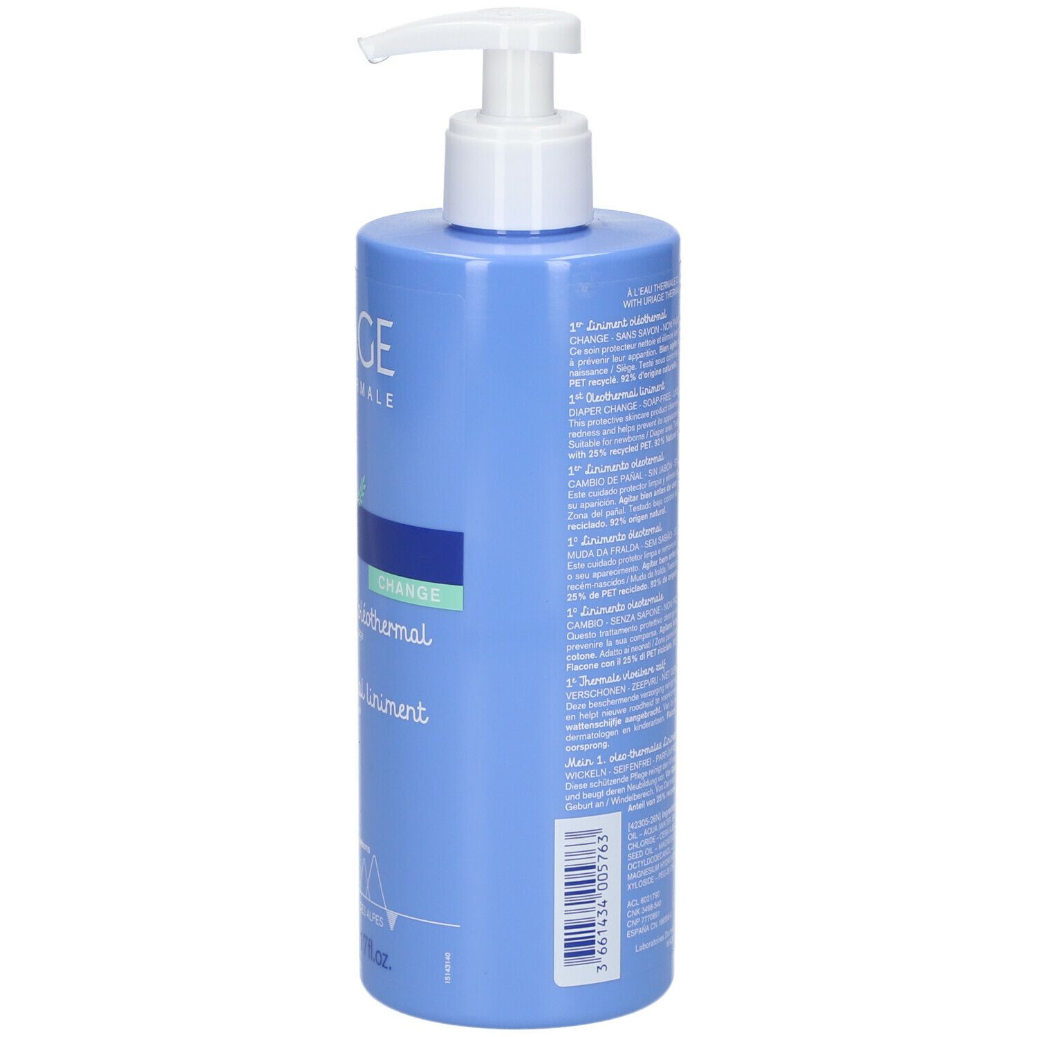 Rückseite einer hellblauen Flasche mit weißem Pumpkopf. Text. Aufschrift: Uriage, 500ml.