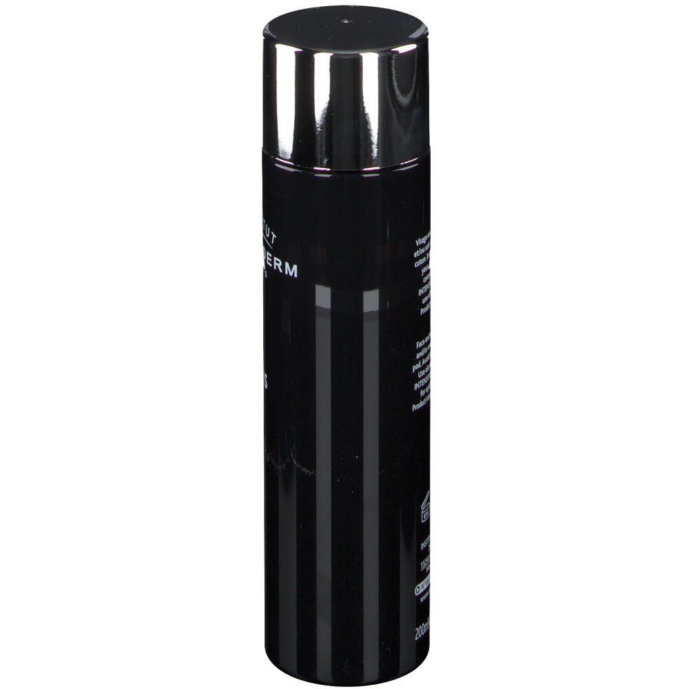 Schwarze Flasche mit silbernem Deckel. Vertikale Streifen. INSTITUT ESTHEDERM PARIS. Aufschrift: Intensiv Lotion.