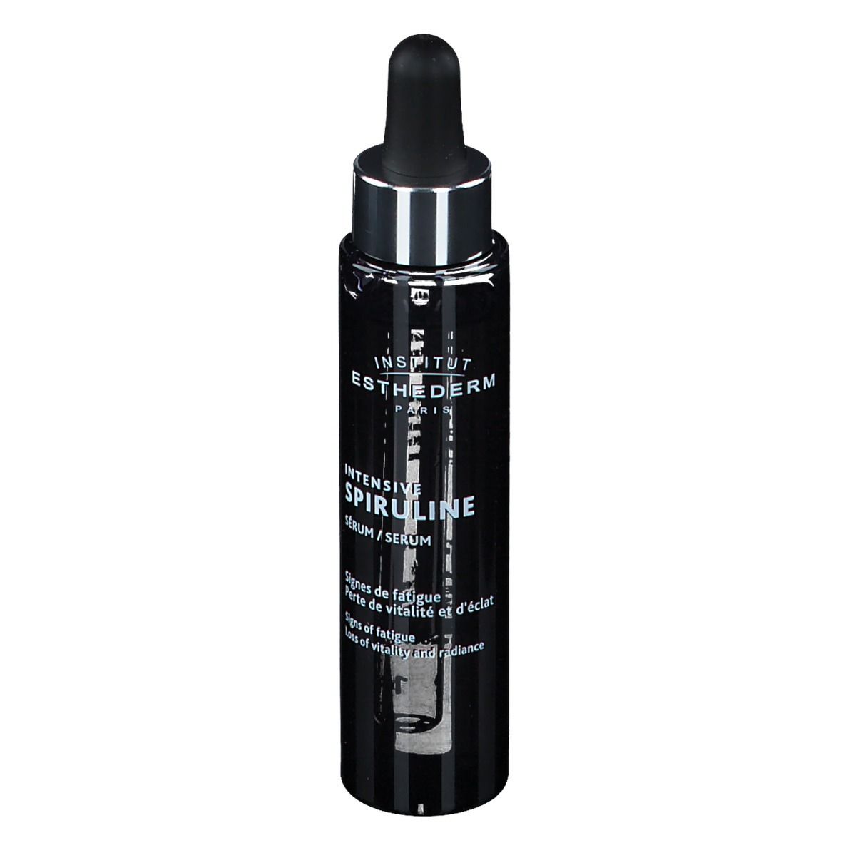 Schwarze Flasche mit Pipette. Aufschrift: INSTITUT ESTHEDERM PARIS, INTENSIVE SPIRULINE Sérum/Serum.