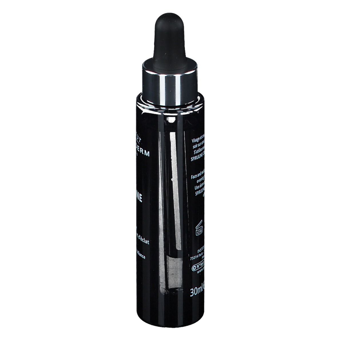 Schwarze Flasche mit Pipette. Aufschrift: INSTITUT ESTHEDERM PARIS, INTENSIVE SPIRULINE. Rückseite mit Text.