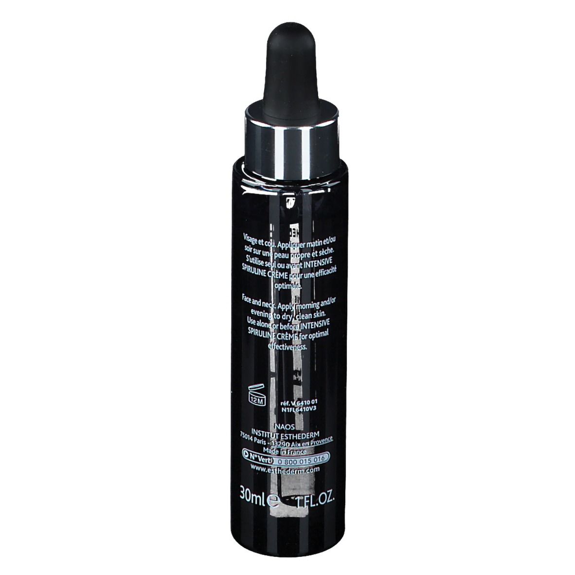 Schwarze Flasche mit Pipette. Aufschrift: INSTITUT ESTHEDERM PARIS, INTENSIVE SPIRULINE. Rückseite mit Text.