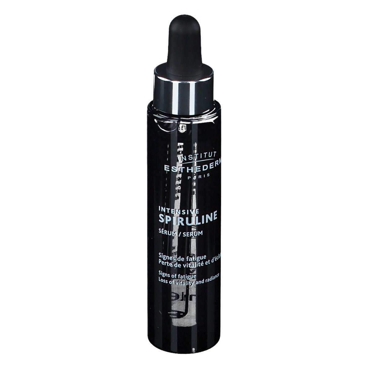 Schwarze Flasche mit Pipette. Aufschrift: INSTITUT ESTHEDERM PARIS, INTENSIVE SPIRULINE. Rückseite mit Text.