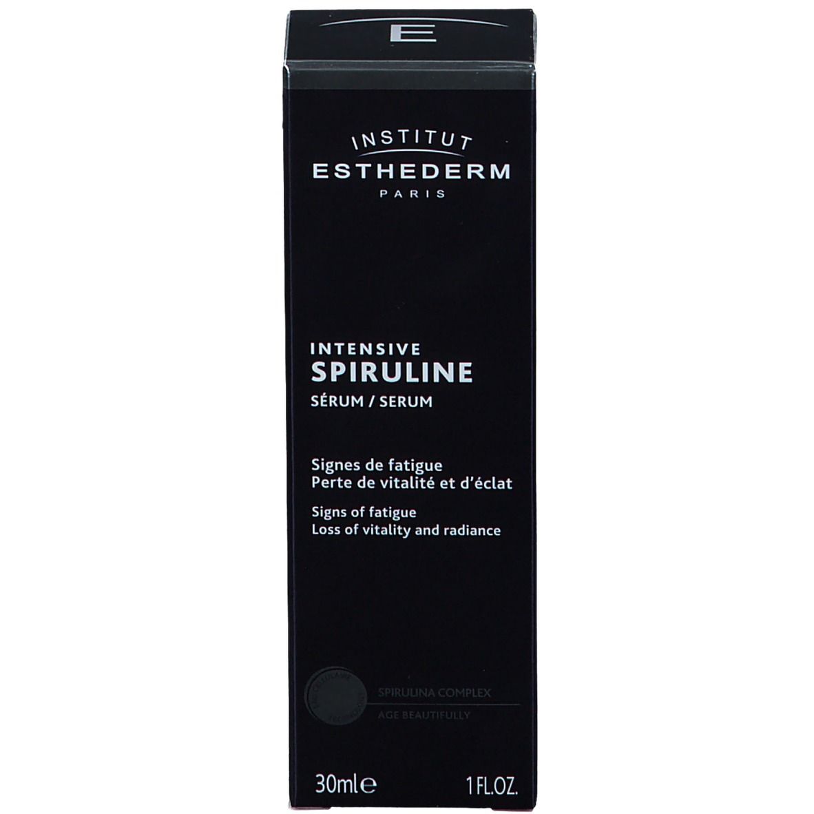 Schwarze Verpackung mit Aufschrift: INSTITUT ESTHEDERM PARIS, INTENSIVE SPIRULINE. 30ml und 1FL.OZ.