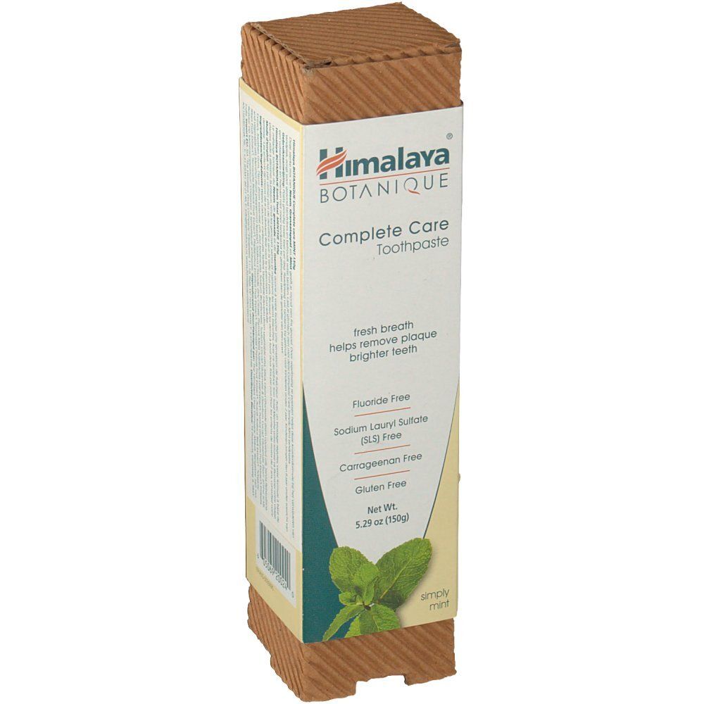 Zahnpasta-Verpackung. Marke Himalaya Botanique, 'Complete Care'. Enthält Minze. Frei von Fluorid, SLS, Carrageen und Gluten.