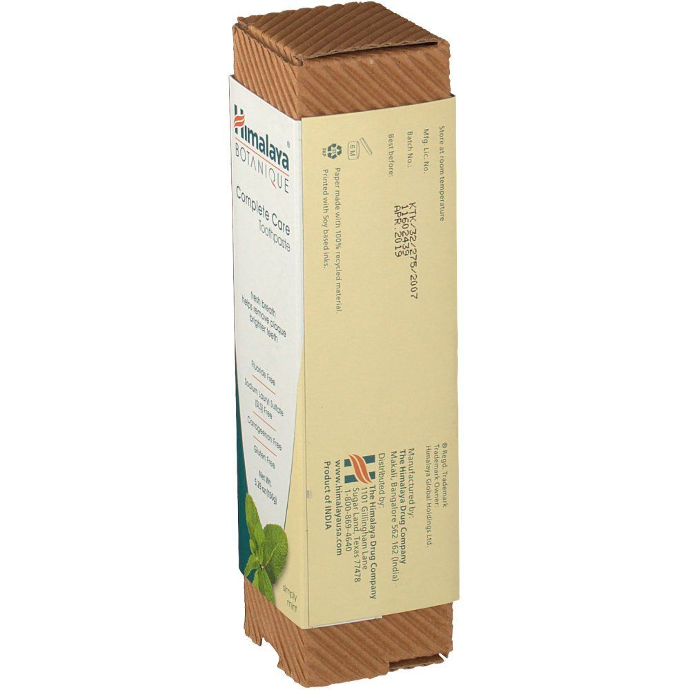 Rückseite der Zahnpasta-Verpackung. Marke Himalaya Botanique. Enthält Informationen zu Inhaltsstoffen und Hersteller.