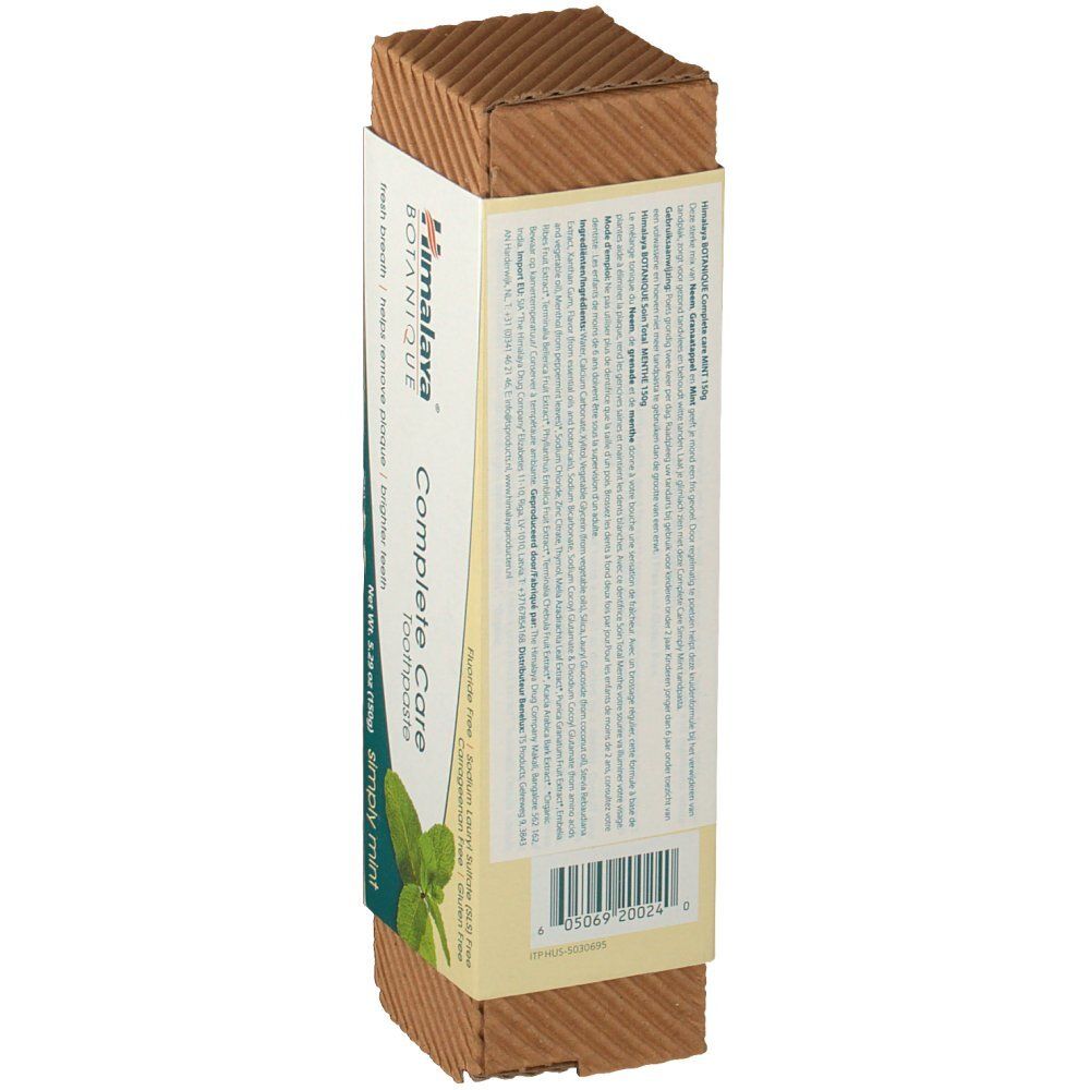Rückseite der Zahnpasta-Verpackung. Marke Himalaya Botanique. Enthält Informationen zu Inhaltsstoffen und Hersteller.