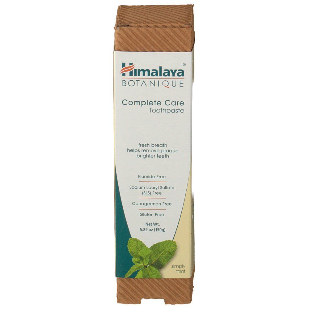 Zahnpasta-Verpackung. Marke Himalaya Botanique, 'Complete Care'. Enthält Minze. Frei von Fluorid, SLS, Carrageen und Gluten.