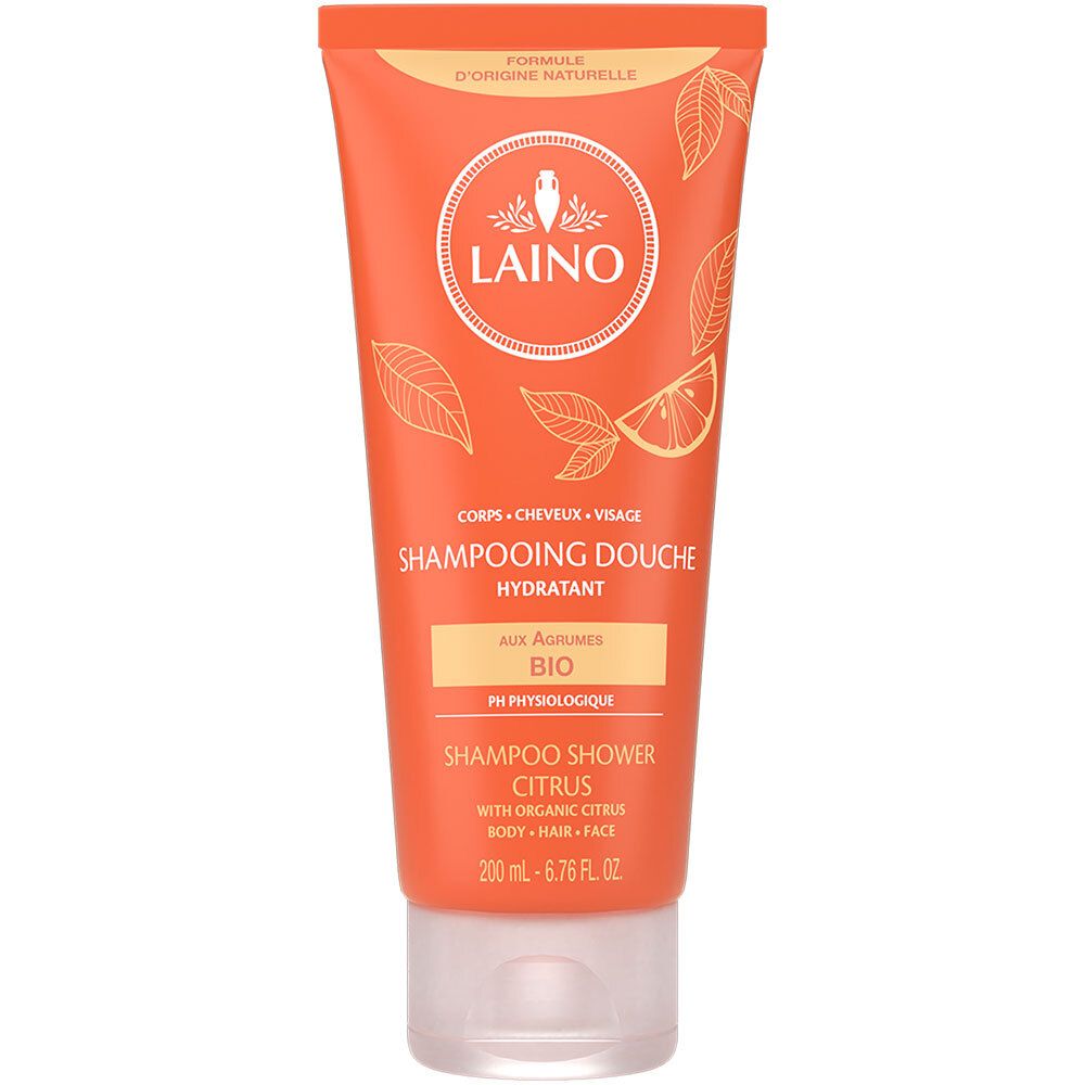 Orange Tube mit LAINO-Logo und Text. "Shampooing Douche Hydratant" und "Citrus" sind sichtbar. Bio-Zertifizierung.