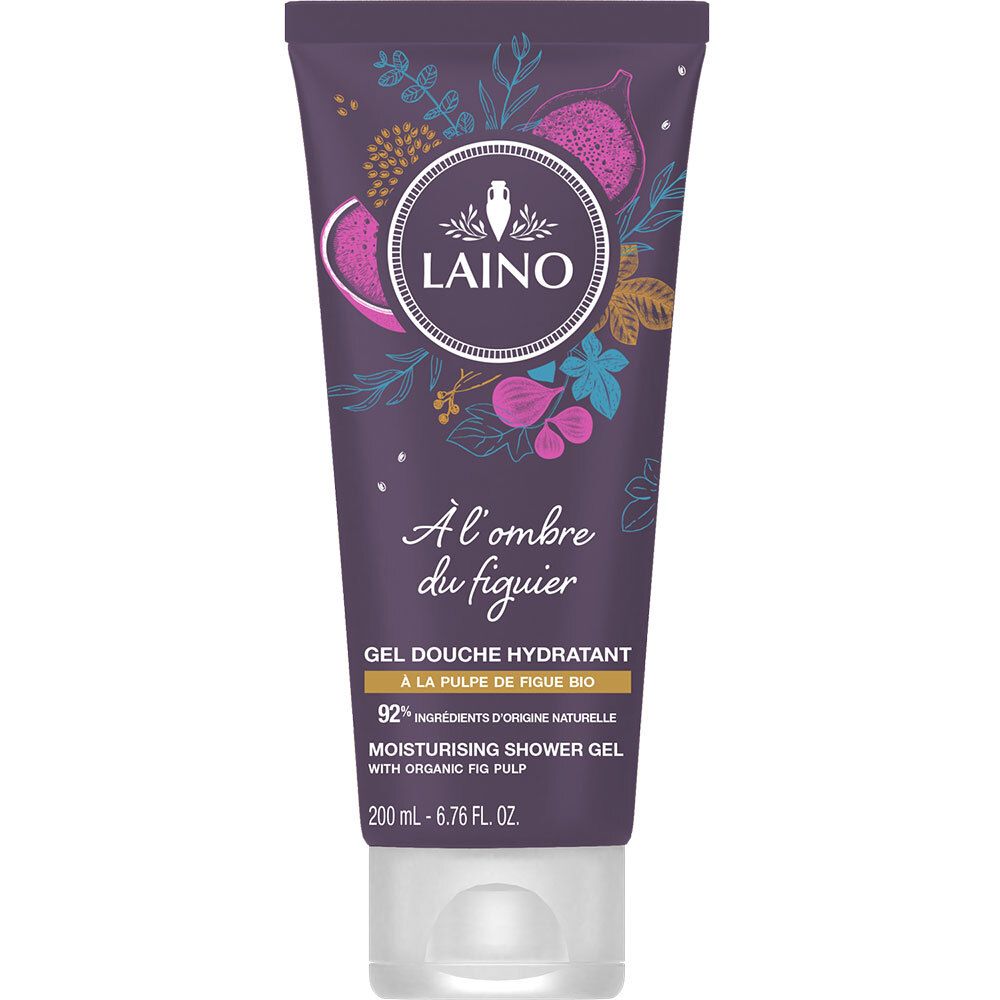 Laino Duschgel Feige. Lila Tube mit Produktnamen und Feigen-Illustrationen. 200 ml. Feuchtigkeitsspendendes Duschgel.