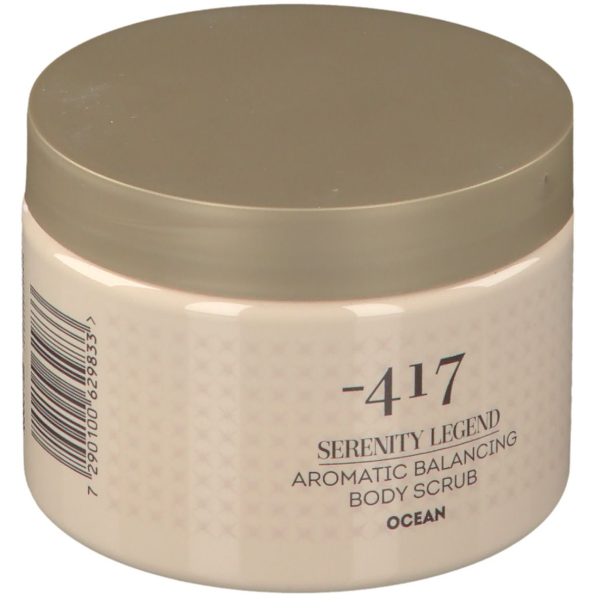 Beige Dose mit Deckel. Aufschrift: -417 Serenity Legend Aromatic Balancing Body Scrub Ocean. Barcode.