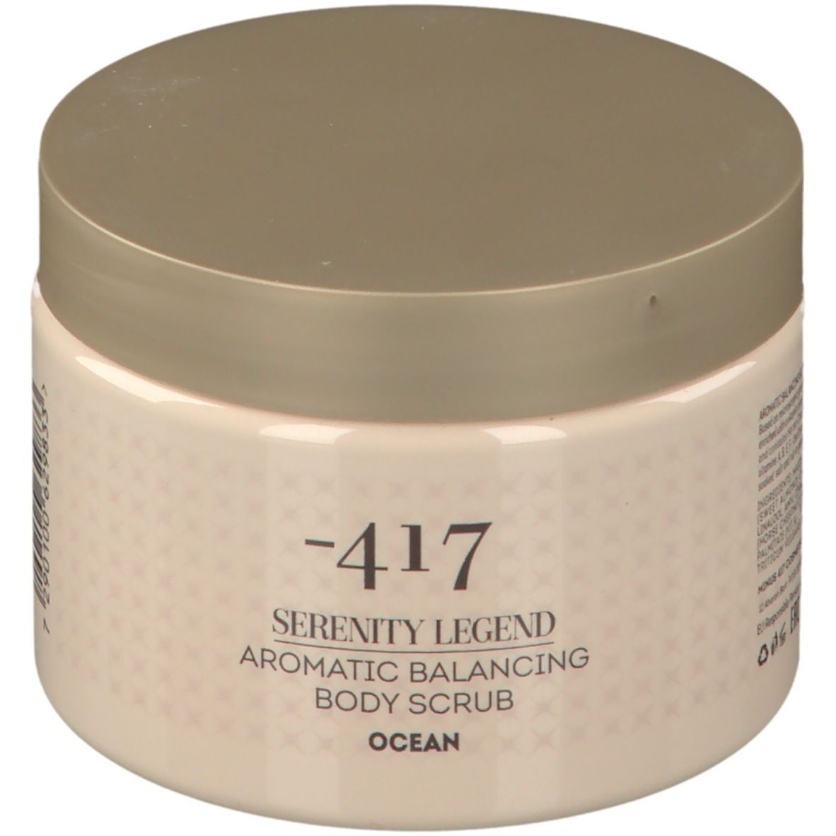 Beige Dose mit Deckel. Aufschrift: -417 Serenity Legend Aromatic Balancing Body Scrub Ocean.