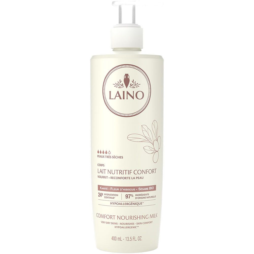 Beige Flasche mit Pumpe. LAINO-Logo und Produktbezeichnung. Text: Lait Nutritif Confort, 400 ml.