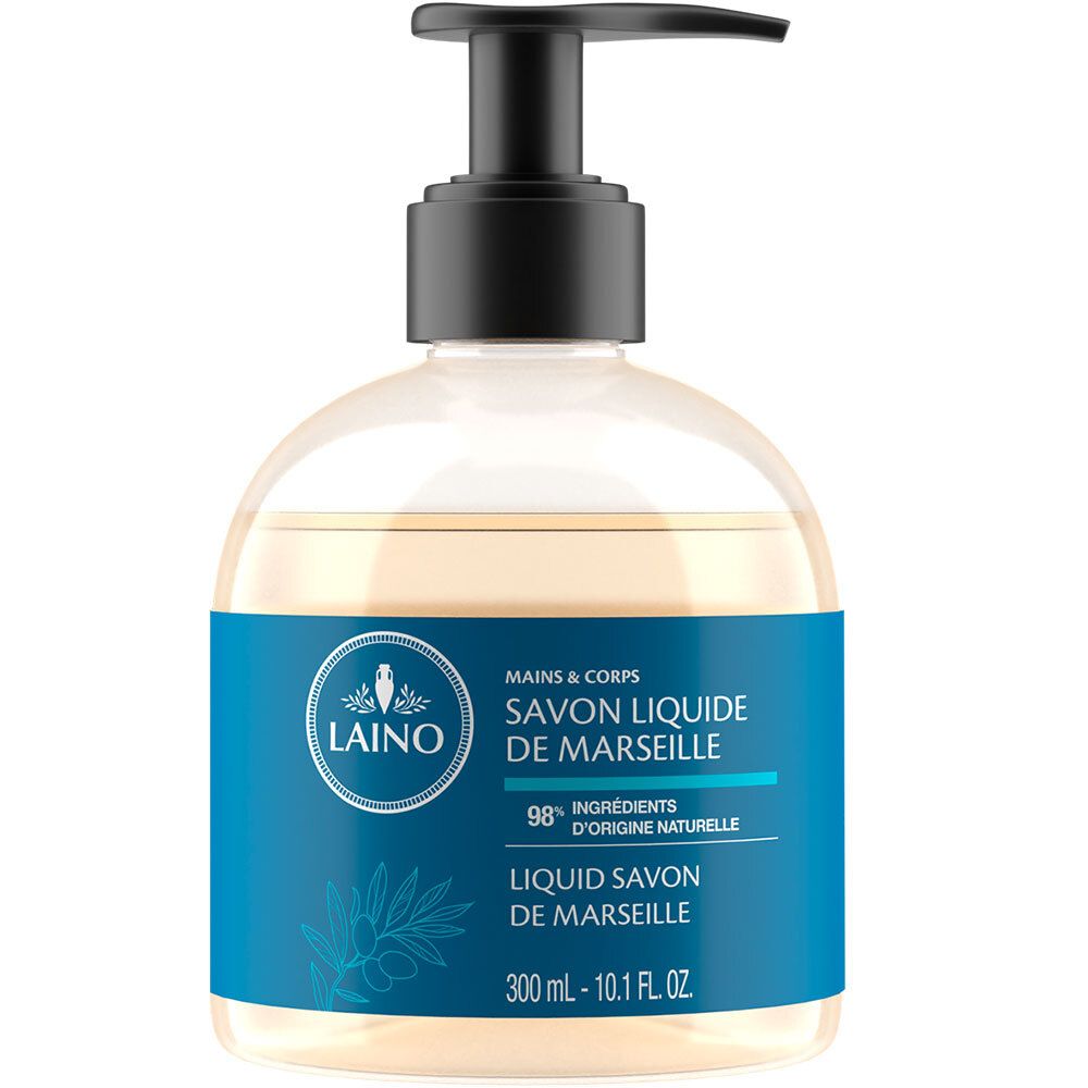 Transparente Flasche mit schwarzem Spender. Blaues Etikett mit Logo und Text: Savon Liquide de Marseille. 300 ml.
