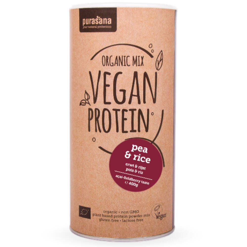Zylindrische Dose mit "Vegan Protein"-Aufdruck. Enthält Erbsen- und Reisprotein mit Acaibeeren. Bio-Zertifizierung.