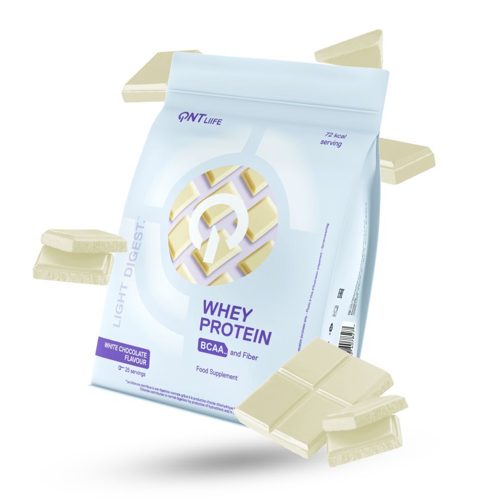 Beutel mit Whey Protein, weißer Schokolade. Marke QNT Life. BCAA und Ballaststoffe. Weiße Schokoladenstücke.