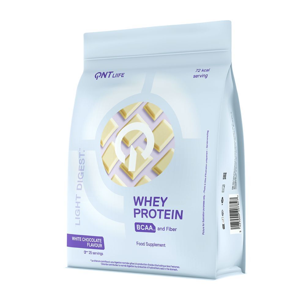 Whey Protein Beutel, weiß. Marke QNT Life. BCAA und Ballaststoffe. 25 Portionen. Rückseite mit Nährwertangaben.