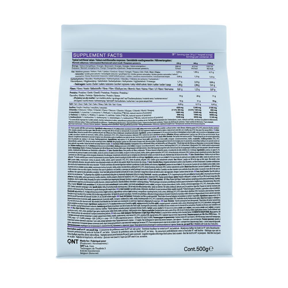 Rückseite des Whey Protein Beutels. Nährwertangaben, Zutatenliste. Marke QNT. 500g Inhalt.