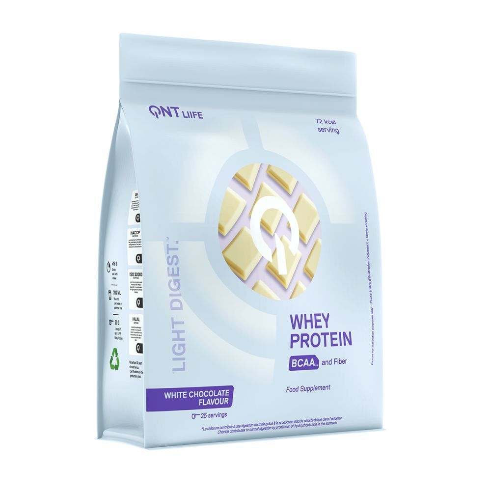 Whey Protein Beutel, weiß. Marke QNT Life. BCAA und Ballaststoffe. 25 Portionen. Weiße Schokolade.