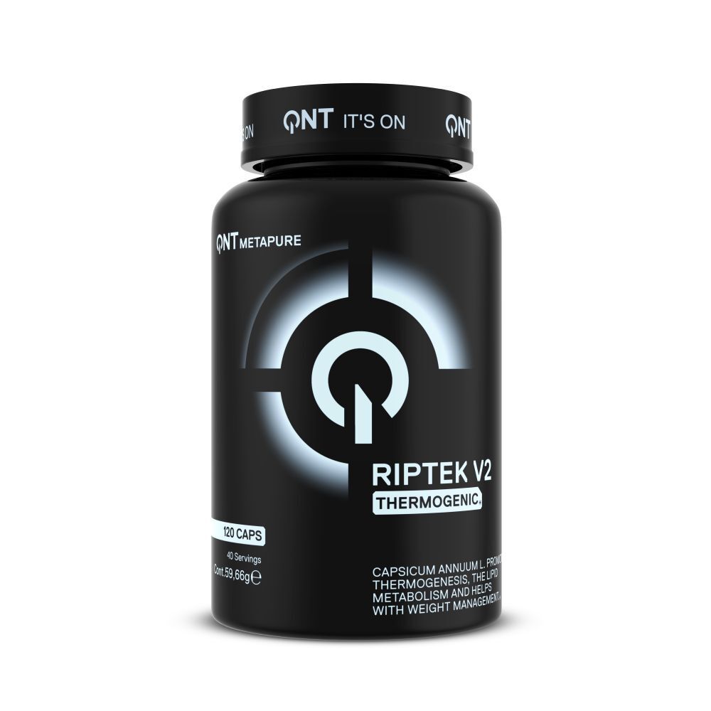 Schwarze Flasche mit Kapseln. Aufschrift: QNT, Riptek V2 Thermogenic. Logo und Schriftzug in Weiß.