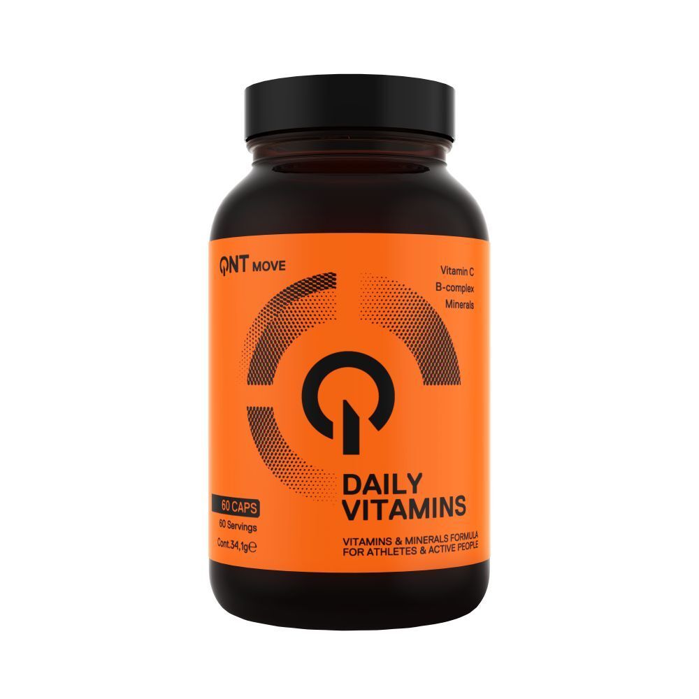 Braune Flasche mit schwarzen Deckel. Aufschrift: QNT MOVE, DAILY VITAMINS. Enthält 60 Kapseln. Orangefarbenes Etikett.