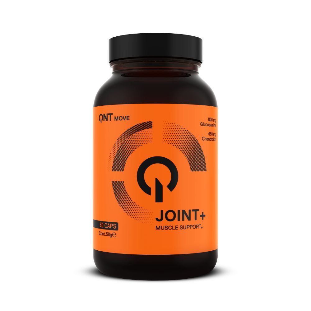 Braune Kapsel-Dose mit schwarzem Deckel. Orangefarbenes Etikett mit weißer Schrift: QNT, JOINT+, 60 Kapseln, Muskelunterstützung.