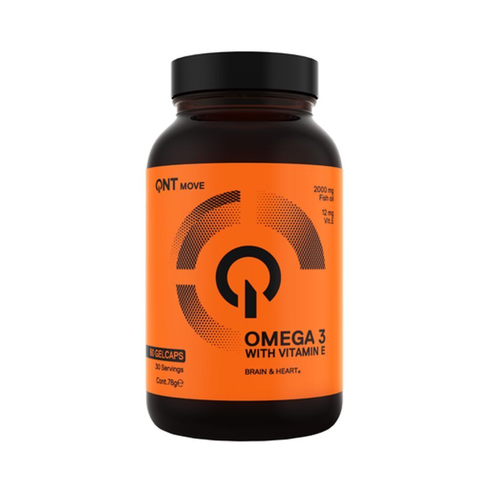 Braune Flasche mit schwarzen Deckel. Orangefarbenes Etikett mit Text: Omega 3, Vitamin E. 60 Gelkapseln.