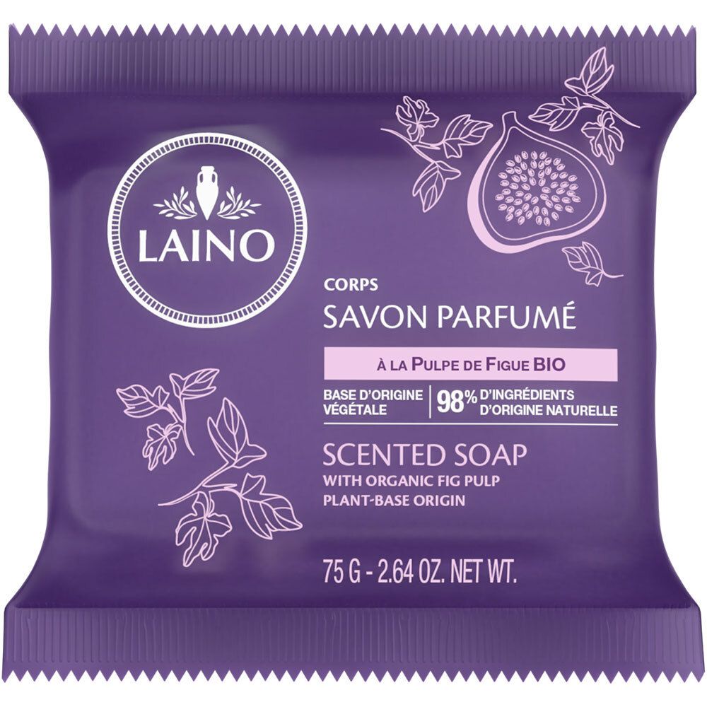 Violette Seife in Verpackung. "LAINO"-Logo, "SAVON PARFUMÉ" und Feigen-Illustration. "98% d'ingrédients d'origine naturelle".