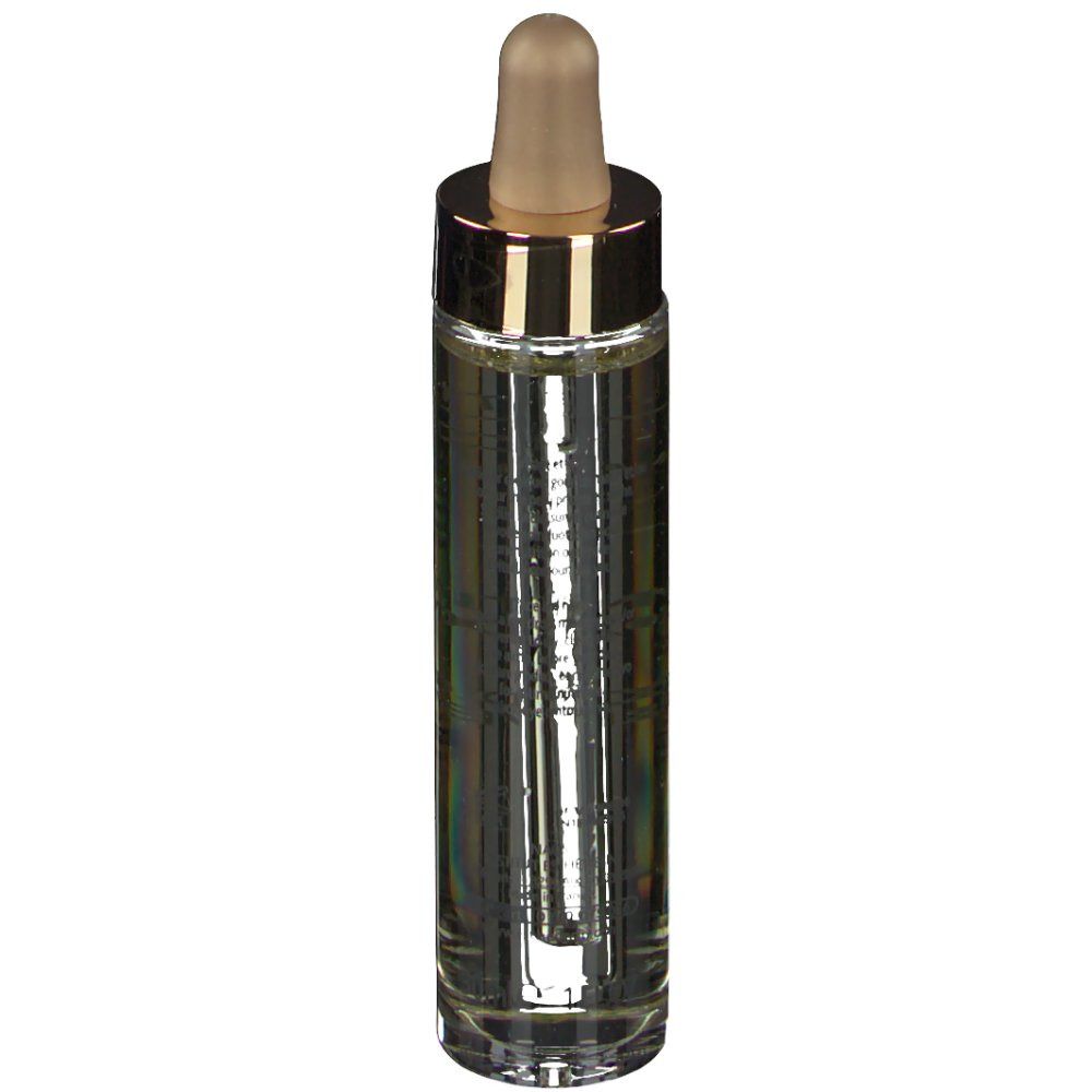 Transparente Glasflasche mit goldfarbenem Deckel und Pipette. Produktetikett mit Text.