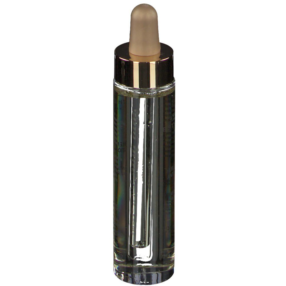 Transparente Glasflasche mit goldfarbenem Deckel und Pipette. Produktetikett mit Text.