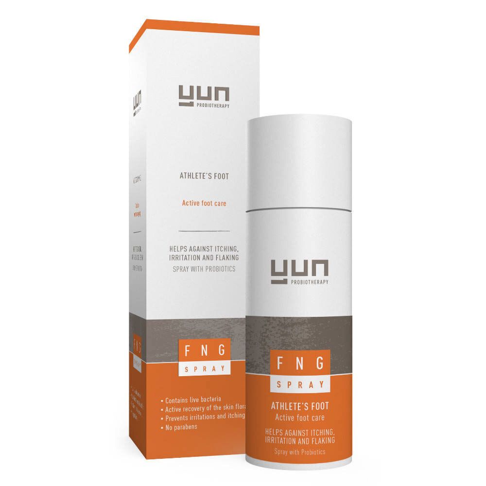 YUN FNG Spray, weiße Flasche mit orangefarbenem Etikett. Enthält Text: Athlete's Foot, hilft gegen Juckreiz und Schuppung.
