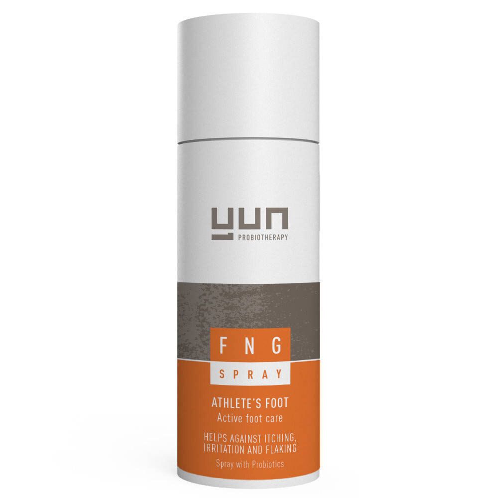 YUN FNG Spray, weiße Sprühflasche mit braunem und orangefarbenem Etikett. Text: Athlete's Foot, hilft gegen Juckreiz und Schuppung.