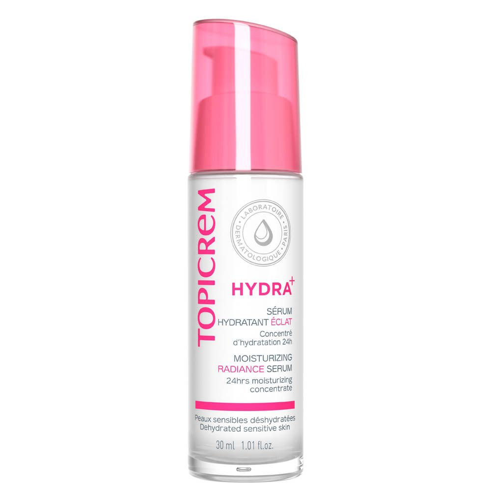 Serumflasche mit rosa Pumpkopf. Aufschrift: TOPICREM, HYDRA+, SERUM, MOISTURIZING RADIANCE. 30 ml.