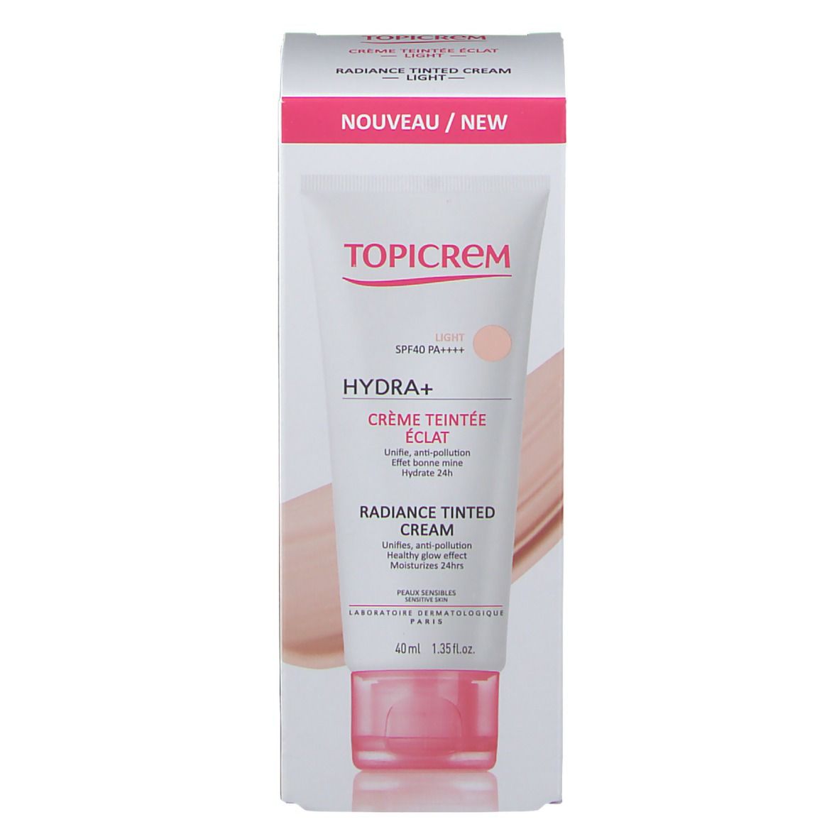 TOPICREM HYDRA+ Radiance Getönte Tagescreme Light LSF 40 Verpackung und Tube. Weiß, rosa und beige. Text: Crème Teintée Éclat, Radiance Tinted Cream.