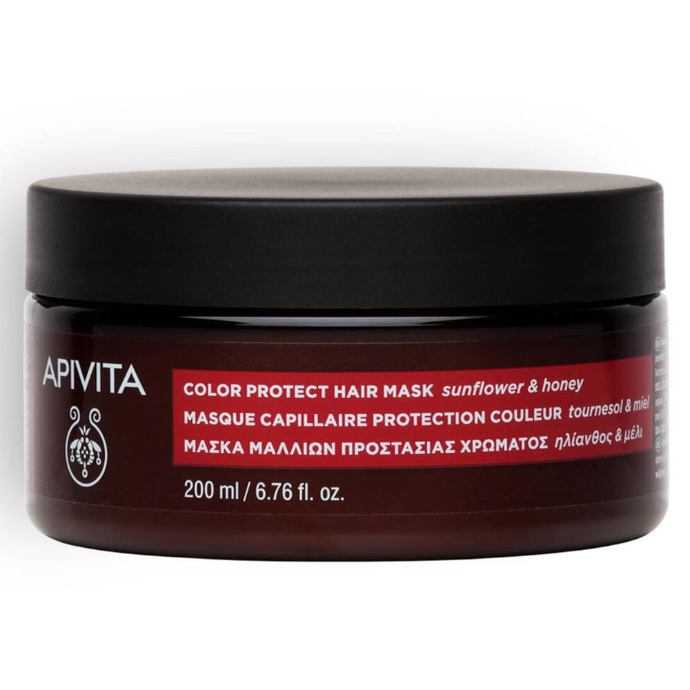 Braune Dose mit schwarzem Deckel. Aufschrift: APIVITA, COLOR PROTECT HAIR MASK, Sonnenblume & Honig. 200 ml.