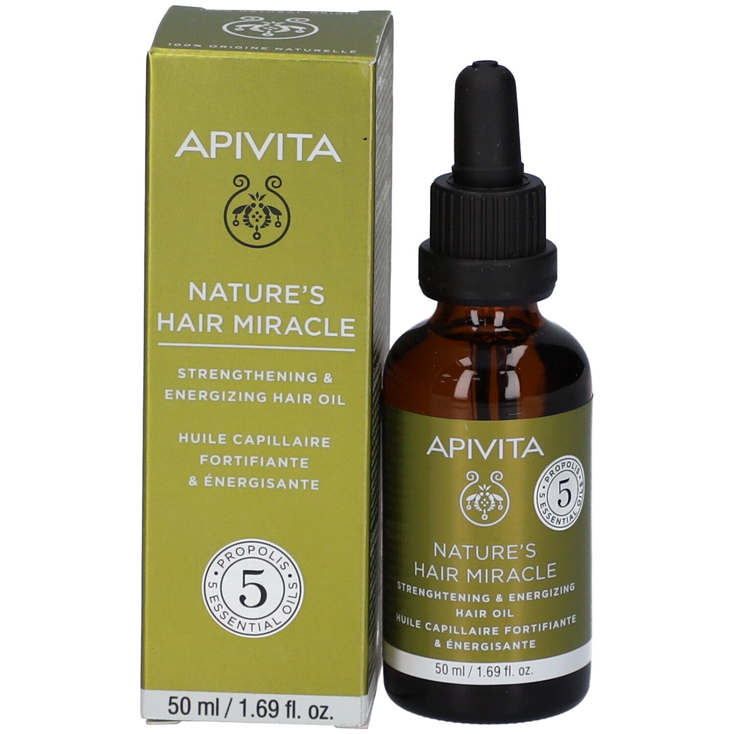 Apivita Nature's Hair Miracle Stärkendes & Energetisierendes Haaröl, 50 ml. Braune Glasflasche mit Pipette und Umverpackung.