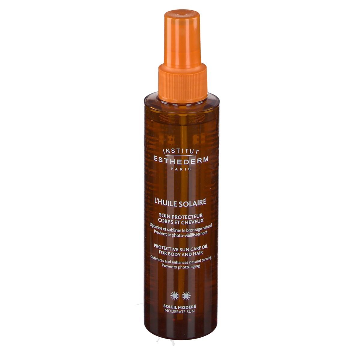 Braune Sprühflasche mit orangefarbenem Sprühkopf. Beschriftung: INSTITUT ESTHEDERM, L'HUILE SOLAIRE, Protective Sun Care Oil.