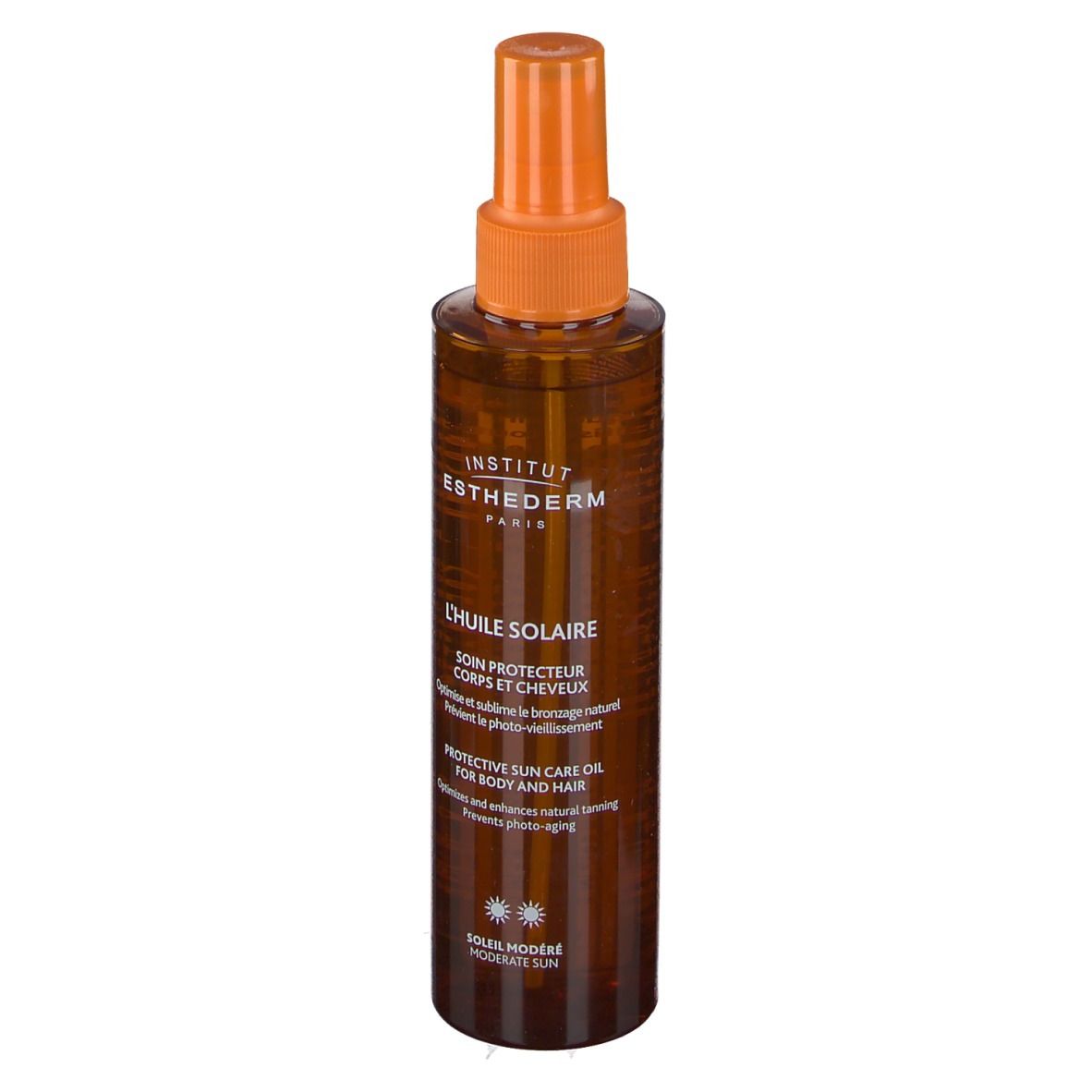 Braune Sprühflasche mit orangefarbenem Sprühkopf. Beschriftung: INSTITUT ESTHEDERM, L'HUILE SOLAIRE, Protective Sun Care Oil.