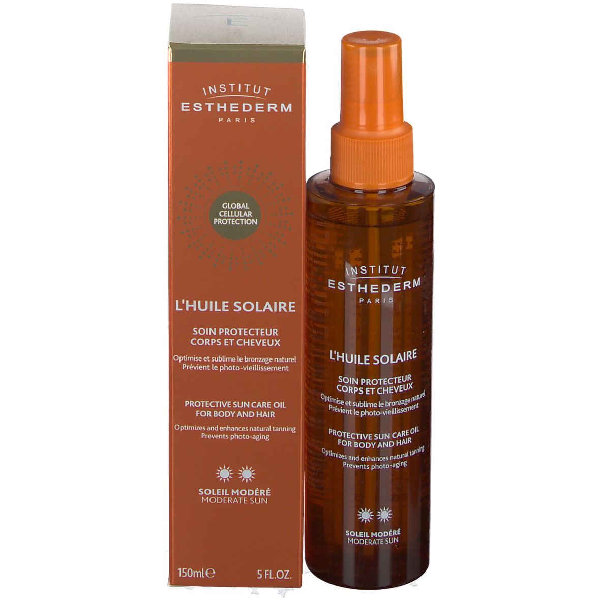 Braune Sprühflasche mit orangefarbenem Sprühkopf und rechteckige Verpackung. Beschriftung: INSTITUT ESTHEDERM, L'HUILE SOLAIRE.